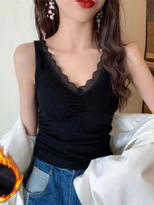 chaqi | Thickened Fleece Lined Integrated Vest Womens Lace Trim Chest Pad Inner Wear Slim Fit Top Base Shirt Autumn Winter