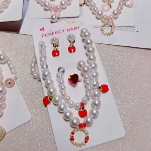 Kids Girl Fashion Jewelry 4-Pieces Set Dream Pearl Necklace Bracelet Earrings Accessories Gift for Girls