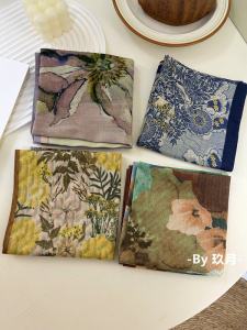 Elegant French Artistic Floral Print Cotton Linen Scarf Decorative Shawl Square Scarf Stylish Trendy Winter Summer Autumn