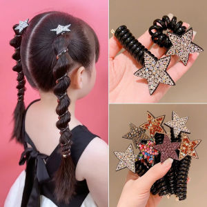 C.three Water Diamond Star Y2k Straight Telephone Line Hairpin Women New High Horsetail Headrope High Elastic Telephone Cord Hair Ring Hair Accessories