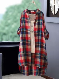 Cotton Linen Blouse for Women Loose Long Sleeve Mid Length Plaid Design Retro Style Butler Front Clothing for 25-29 Years