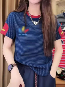 Summer 2025 Womens round Neck Striped Color Block Print Pure Cotton Short Sleeve T-Shirt Retro Loose Versatile Ladies Top