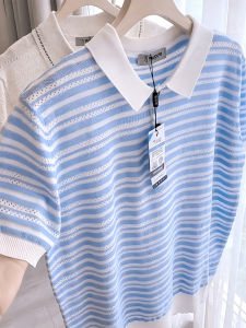 Áo Polo Knit Thoáng Khí Dập Phối Màu Sọc Mở