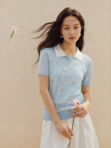 INMAN | Floral Embroidery Lace Polo Neck Knit Top Short Sleeves