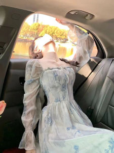 French Square Collar Stylish Princess on the Run Floral Dress Spring & Fall Holiday Waist-Tight Slim Looking Tea Break First Date Long Dress