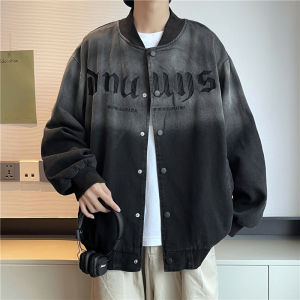 Retro American Washed Gradient Baseball Jacket Mens Trendy Outerwear Spring New Style Couple Match Loose Fit Youth Casual