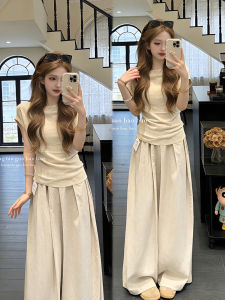 XUECAIQI | Waist-cinching Slimming Shoulder-fitted Tshirt Wide-leg Pants Suit