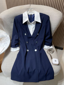 British Style Short Skirt Dress Womens Autumn Winter New Fashion Elegant Color Block Heavy Work Suit Dress A-Line Midi Dress