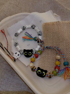 good 999 Fashion colored woven rope bead Skeleton cat design style bracelet B34772