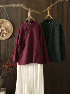 Early Autumn Loose Retro National Style Buckle Cotton and Linen Shirts Women Chinese Style Diagonal Stand Collar Zen Tea Clothing Jacquard Cheongsam
