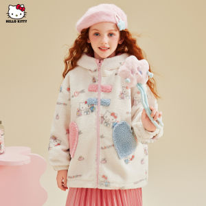 HelloKitty Girls Winter Thickened Cotton Jacket with Hat Fleece Lined Printed Childrens Coat Warm Anti-Hot Sale Polyester Fiber