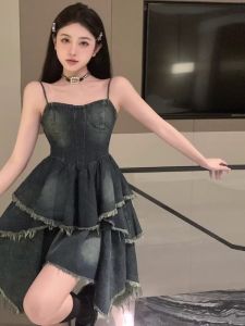 ชุดเดรสยีนส์ทรงเอเอวสูงสไตล์เกาหลีสำหรับผู้หญิง ชุดเดรสสั้นทรงเอเข้ารูป ชุดเดรสฤดูใบไม้ผลิและฤดูร้อน