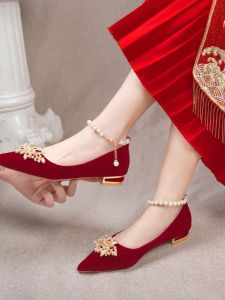 Xiuaige Low Heel Bride Pregnant Women Wedding Shoes Wine Red Chinese Wedding Toast High Heels Xiuhe Wedding Dress Two-Way Wear