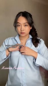 2025 Musim Semi 100% Blus Katun Kemeja Wanita Biru Putih Lengan Panjang Atasan Wanita Pakaian Luar Wanita Warna Solid Kualitas Baik / Atasan Wanita Kantor Kancing Baju Lengan Panjang - Kurnia Fashion