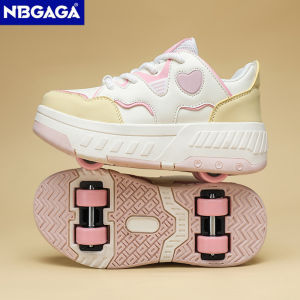 NBGAGA | Ultra-Light Childrens Girl Heart Print Decorated Four-wheel Roller Skating Sneakers Outdoor Walking Sports Shoes Holiday Gifts