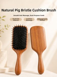 IMLUCKY | Boar Bristle Hair Brush Massaging Scalp Cushion Comb Anti-Tangle Protection