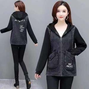 เสื้อกั๊กยีนส์ทรงหลวมสำหรับผู้หญิง แขนยาว ปักลาย ประดับเลื่อม แจ็คเก็ตคอตตอนผสมโพลีเอสเตอร์ ฤดูใบไม้ผลิและฤดูใบไม้ร่วง