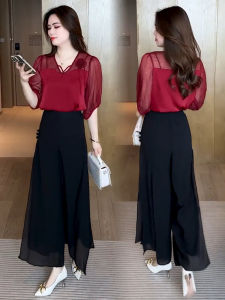 Fashionable Summer 2024 Womens Chiffon Top Wide Leg Pants Two Piece Set Slimming Design V Neck Short Sleeve Long Sleeve