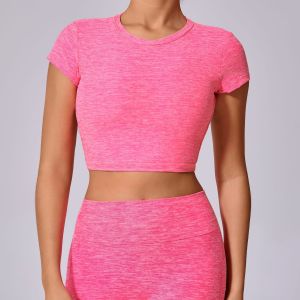 Womens Fitness Clothing Backless Yoga Top Cross Back Sports Shirt Short Sleeve Removable Chest Pad Outdoor Wear Casual Wear