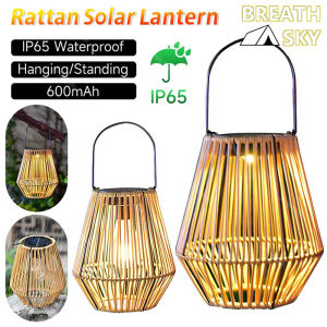 Solar Lantern Waterproof Hanging Rattan Bamboo Chandelier Lamp Solar Powered Rattan Weaving Light for Garden Patio Courtyard