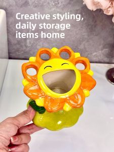 Ceramic Toothbrush Holder Storage Rack Bathroom Washstand Handwashing Basin Toothpaste Cute Base Home Use Drainage Function