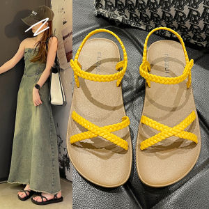 Fashionable Flat Sandals Womens Summer 2024 New One-Strap Korean Style Outdoor Casual Roman Beach Shoes Hollow out round Toe