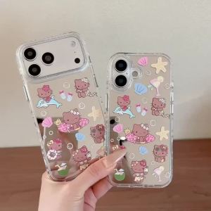Sanrio | Summer Beach Hello Kitty Mirror Phone Case Cute Dolphin Seashell Shockproof Bumper Protective Cover For iPhone 15 16 17 Pro Max