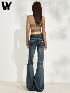 Low Waist Bell Bottom Jeans Womens Summer New Deep Blue Slim Fit Floor Length Pants Casual Style Distressed Denim Cotton Zipper