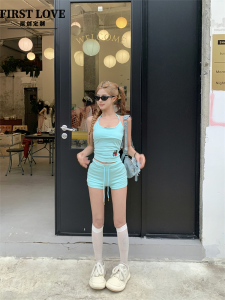 Miekevv Blue Halter Neck Crop Top And Shorts Set for Young Women Slim Fit Vest And Hot Pants Combo Perfect for Summer Fashion