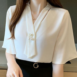 New Arrivals womens short sleeve chiffon blouse shirt summer loose flared sleeve top elegant v-neck shirt