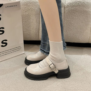 Giày Da Mary Jane Màu Đen Cổ Điển Cho Nữ Mùa Xuân 2025 Phong Cách Anh Tăng Chiều Cao Đế Cao Gót PU Hở Mũi