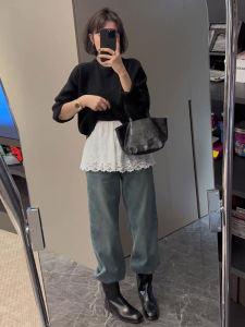 กระโปรงสั้นผ้าลูกไม้สไตล์เกาหลีสีขาวสำหรับผู้หญิง ฤดูใบไม้ร่วง/ฤดูหนาว สไตล์เกาหลี กระโปรงสั้นเอวสูง กระโปรงทรงเอ