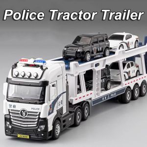 1:50 Police Tractor Trailer Model Toys Metal Diecast Garbage Engineering Vehicles Sound Light Doors Opened Pull Back Boys Gifts