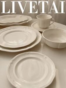 Livetai French Pearl-Edge Ceramic Tableware Set Versatile Bowl & Plate for Home Dining Stylish Steak Dinner Plates