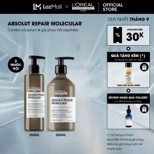 Combo Xả Serum và Dầu gội 500ml phục hồi Peptides chuyên nghiệp cho tóc hư tổn LOréal Professionnel Absolut Repair Molecular