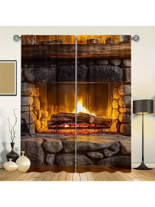 2 Chiếc Rèm Cửa In Họa Tiết Lò Sưởi Đá Ấm Cúng Chất Lượng Lọc Sáng 100% Polyester Phong Cách Cổ Điển Dành Cho Cửa Sổ Nhà Theo Chủ Đề Mùa Đông