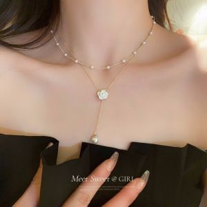 Camellia พู่สองชั้น คอมูได้ โซ่ไหปลาร้า เครื่องประดับอัญมณี MODE Korea สำหรับผู้หญิง