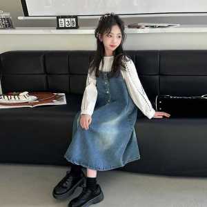 Fashionable Girls Denim Overalls Spring Autumn Organic Cotton Casual Versatile Skirt for Ages 6 to 14 Trendy Kids Clothing