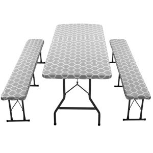 3 Pcs Picnic Table Cover Rectangle Outdoors Bench Set Polyester Waterproof Fitted Wood Grain Camping Party Decoration