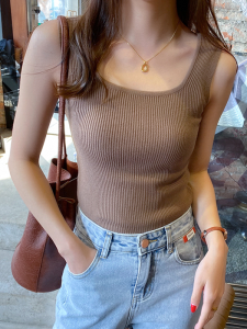 3% Homemade Wide Shoulder Strap Breast Holding Square Collar Slimming Knitted Autumn Shirt Base Vest Jacket 20396