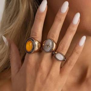 Ingemark | Ingemark 3 Pcs/set Trendy Oval Resin Finger Rings Women Vintage Geometric Gold Color Metal Ring Aesthetic Couples Jewelry Gifts