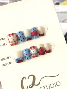 C2 Red Blue CP Cute Bear Bow Tie Polka Dot Red French Style Handmade Wearable Nail Art Short Staircase Nail Tips