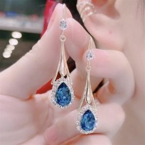 New Purple Crystal Flower Dangle Earrings For Women Shining Zircon Love Heart Waterdrop Earring Wedding Luxury Jewelry
