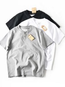 New American Style Heavyweight Pure Cotton Solid Color Casual Loose Henry Collar Short Sleeve T Shirt Men Summer Black White Half Sleeve