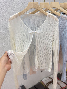 Ice Silk Knitted Hollow out Light Weight V-Neck Cardigan Womens Shawl Outerwear with Strap Air Conditioning Shirt Summer Top