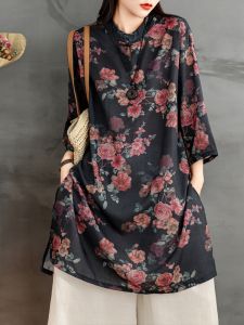 Loose Fit Midi Shirt Dress Ban Xia Lu Linen Print Retro Stand Collar Button up Womens plus Size Summer Casual Top