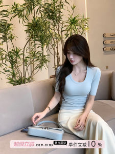 Slim Fit round Neck Short Sleeve T-Shirt Womens Summer Korean Style Versatile Waist-Cinching Short Length Solid Color Top