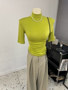 Elegant Half-high Collar Stand Collar Shoulder Pad Slim fit Half Sleeve T-shirt Women ~ Spring and Summer New Shoulder Pad Small Women Show Figure Bottoming