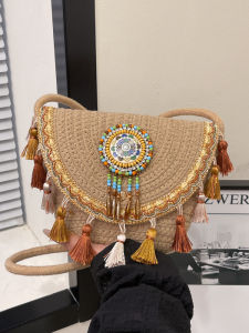 Fashionable Ethnic Tassel Small Bucket Bag Womens Crossbody Shoulder Bag Woven New 2025 Spring Summer High-End Sensation