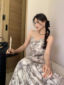 Benxe ชุดเดรสยาวแขนกุดเอวสูง ทรงเอ แขนยาว คอวี ผ้าไหม ชุดสองชิ้น ชุดเดรสผู้หญิงสไตล์จีนใหม่